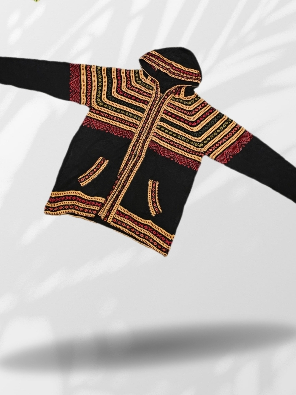 Black Hooded Zip Cardigan with Red and Yellow Geometric Trim